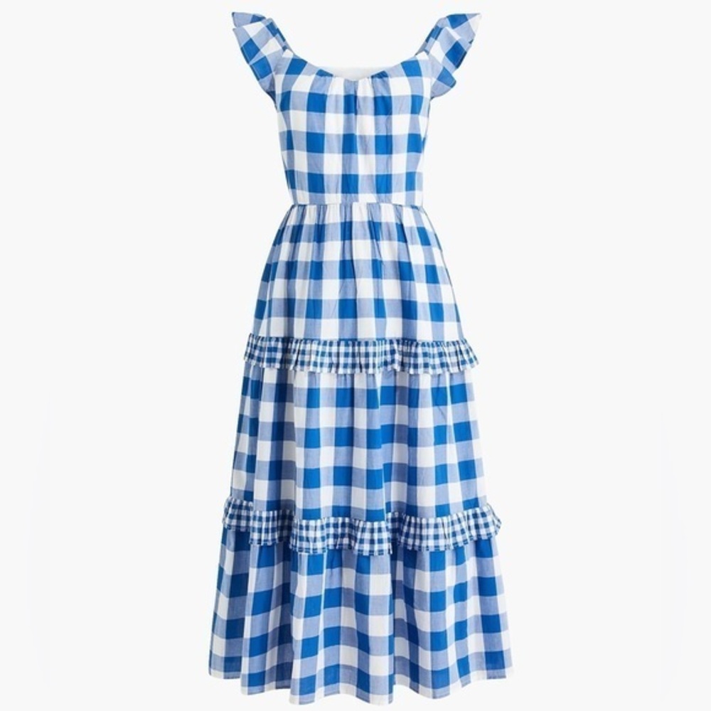 J.Crew Midi Tiered Gingham Dress Blogger Favorite Flutter Sleeve EUC - Sz Small